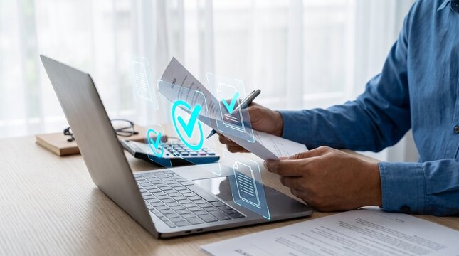 Professional individual reviewing digital documents and physical papers, highlighting efficient online verification and approval processes for modern business workflows