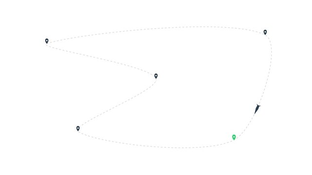 Airplane Icon Following with Dashed Route Path Across Multiple Map Location Pins