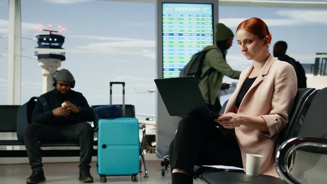 Executive manager works on a laptop in an airport lounge while traveling with a suitcase for a business delegation and global meeting.