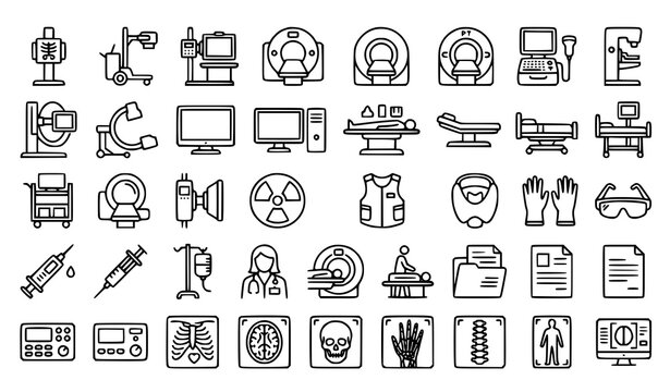 Radiology Medical Imaging Equipment Line Icon Set with MRI CT Scanner Xray Machine Ultrasound and Hospital Diagnostic Lab Symbols for Graphic Designs