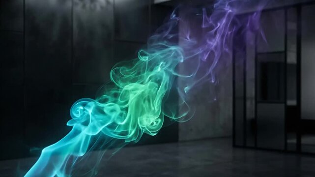 Colorful smoke trails floating in dark modern interior creating mesmerizing visual spectacle