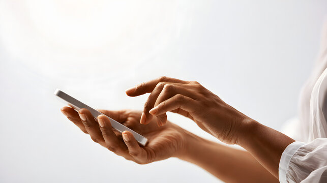 A close-up of a woman's hands using a smartphone on a clean, bright background illuminated softly and evenly, with minimal composition, suitable for a business application and mobile use