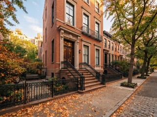 Fototapeta premium Red brick brownstone corner with stoop and fallen leaves on sidewalk