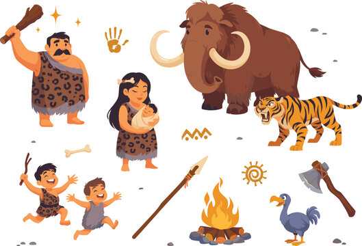 Cute Cartoon Prehistoric Caveman Family Vector Illustration Set Featuring Woolly Mammoth Saber Toothed Tiger Dodo Bird Campfire Spear and Axe Elements