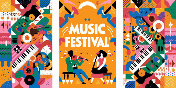 music festival posters colorful vector illustration musicians instruments guitar piano saxophone drums artwork event celebration concert entertainment graphic design pattern shapes abstract vibrant