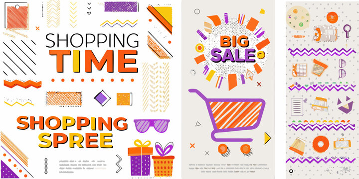 shopping themed promotional posters colorful vector illustration sale time spree cart gifts pattern design retail marketing consumerism advertising graphic art text icons shapes
