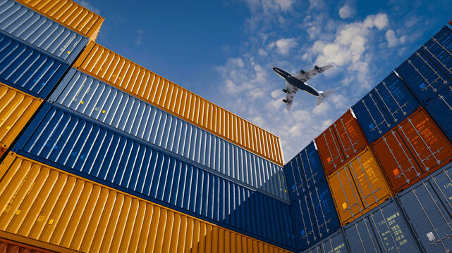 Airplane Flying Above Colorful Shipping Containers