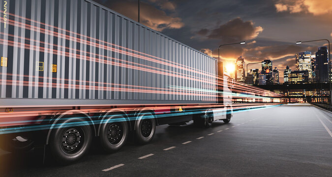 Freight Trailer Moving Through City at Sunset