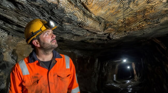 Miner in hard hat and high-visibility jacket underground