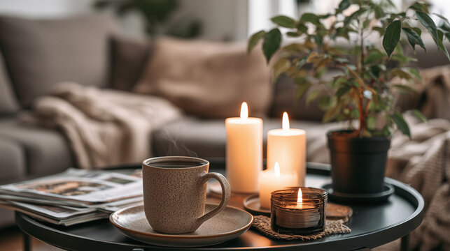 Fresh black coffee in a ceramic mug on with magazines and candles, modern living room, cozy morning