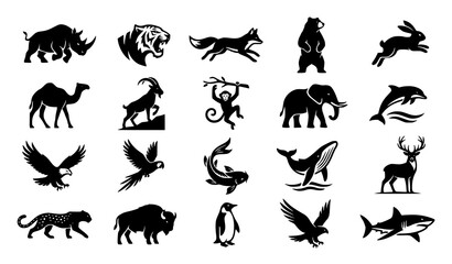 Fototapeta premium Modern Wildlife Animal Silhouette Logo Collection with Mammals Birds Fish and Nature Icons