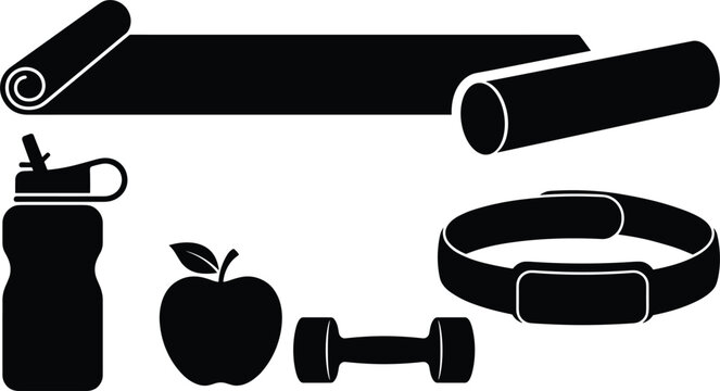 Fitness and healthy lifestyle equipment icon set featuring yoga mat foam roller water shaker bottle apple dumbbell and smart tracking bracelet vector silhouette symbols