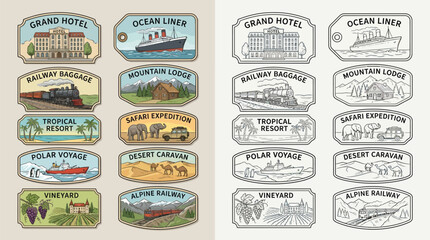 Collection of vintage travel tags featuring various destinations and modes of transport, both in color and line art. © renender