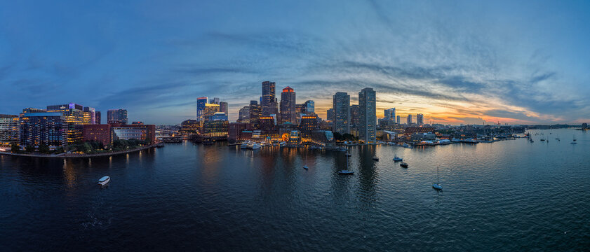 Panoramic aerial view of downtown Boston and the harbour