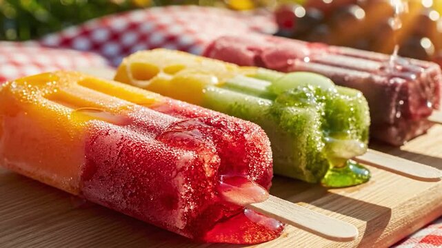 Red syrup pours onto colorful fruit popsicles in summer