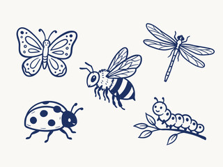 Cute insects line art doodles set with butterfly bumblebee dragonfly ladybug and caterpillar vector © Gopal