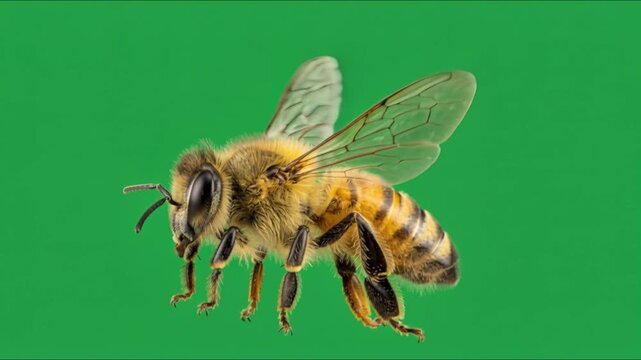Realistic Honey Bee Flying and Hovering with Rapid Wing Motion on Green Screen Chroma Key Background