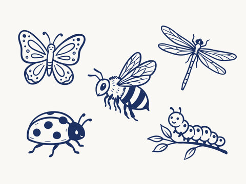 Cute insects line art doodles set with butterfly bumblebee dragonfly ladybug and caterpillar vector