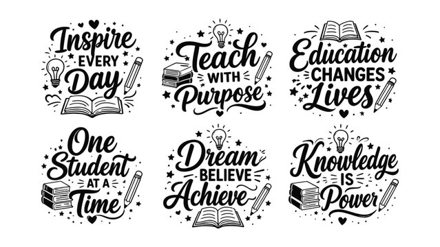 Collection of six inspiring educational quotes with handdrawn illustrations for teachers and students