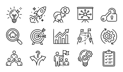 Fototapeta premium Business Startup and Corporate Strategy Line Icon Set Featuring Innovation Ideas Launch Rocket Targeting Analysis and Teamwork Elements for Management Graphics (21 words)