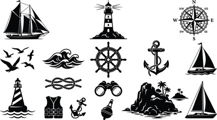 Fototapeta premium Nautical and marine silhouette vector icon set featuring sailing ships lighthouses anchor steering wheel compass ocean waves and tropical island travel elements