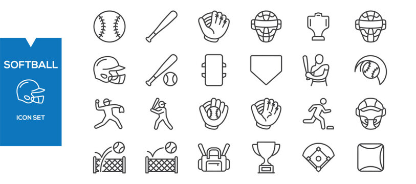 Softball Icons Set &ndash; Sports Equipment Vector Icon Collection