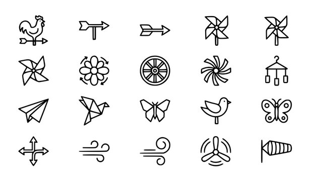 Weather and Wind Line Icon Set Featuring Weather Vane, Pinwheels, Windblown Elements, Paper Plane, Origami Bird, Butterflies, Fan, and Windsock Symbols