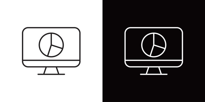 画面に円グラフが表示されたデスクトップPCのアイコン。白と黒のベクターイラストセット