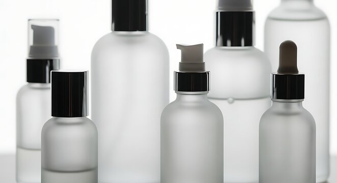 Frosty White Cosmetic Bottles with Black Caps in Studio