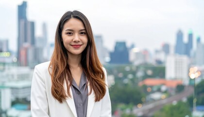 Fototapeta premium Young Asian Businesswoman Smiling Confidently with Cityscape Background.
