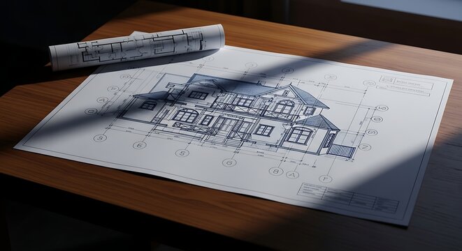 Architectural Blueprint of Modern House on Wooden Table