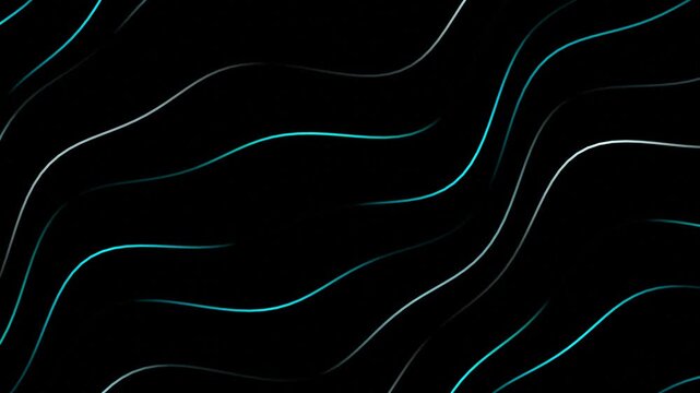 Abstract dark background featuring glowing wavy cyan and white lines flowing across a black canvas for modern digital design