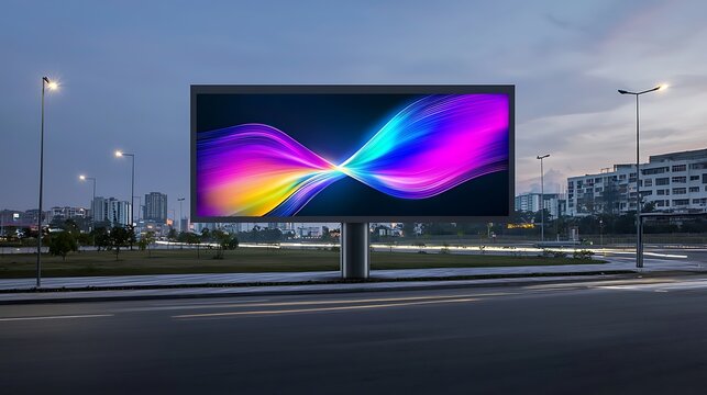 Showcase Billboard Professional Concept, Vibrant Billboards with Colorful Light Waves at Dusk