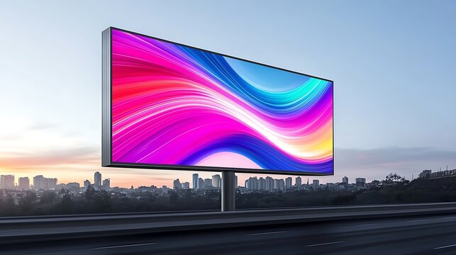 Showcase Billboard Professional Concept, Vibrant Digital Billboard against City Skyline at Twilight