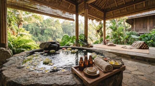  luxury eco wellness product scene combining Lao heritage and modern global beauty aesthetics, natural skincare bottles made of frosted glass placed on traditional woven textile inspired by Lao sinh p