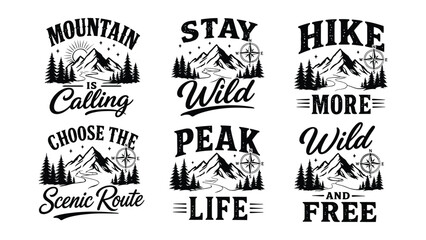 Collection of six unique mountain hiking adventure themed graphic designs with inspiring quotes and scenic nature illustrations © MDMOMIN