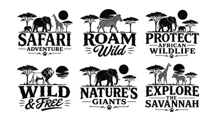 Collection of black and white safari themed graphic designs with wild animals and nature elements © MDMOMIN