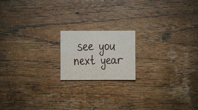 Brown wooden table background with note that reads see you next year in black text