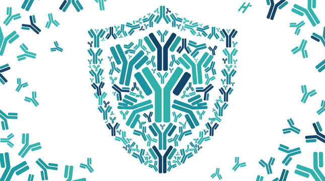 Abstract antibody shield with scattered immune cells, symbolizing protection and defense, concept for medical research, healthcare, and immunology.