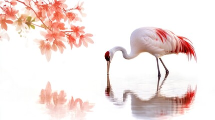 Obraz premium Graceful Crane and Blossom: A majestic white crane with red accents gracefully bows its head by the water's edge, reflecting its elegance. Delicate pink blossoms drift nearby.