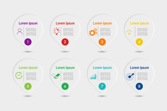 infographic elements template, business concept with 8 steps, grey shapes design with multi color label for workflow layout, diagram, annual report, vector