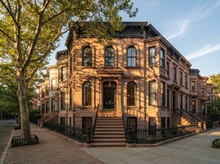 Fototapeta premium Corner brownstone townhouse with stoop stairs on tree lined street