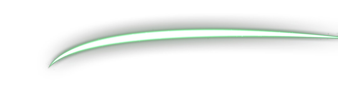 Green Neon Light Trail Swoosh Overlay, Isolated on Transparent Background. Isolated glowing neon light trail swoosh for VFX, motion graphics and cinematic compositing.