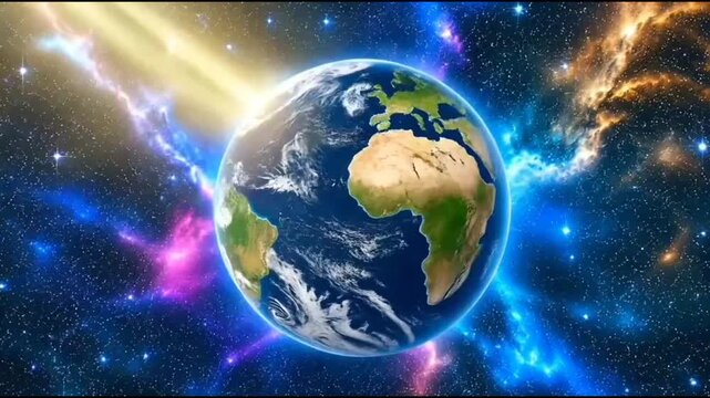  This is an illustration video of the planet earth rotating on its axis in outer space. 
