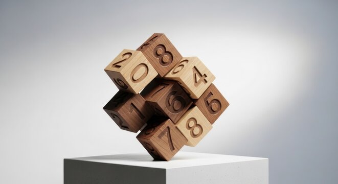 Wooden puzzle cube with numbers on white pedestal.