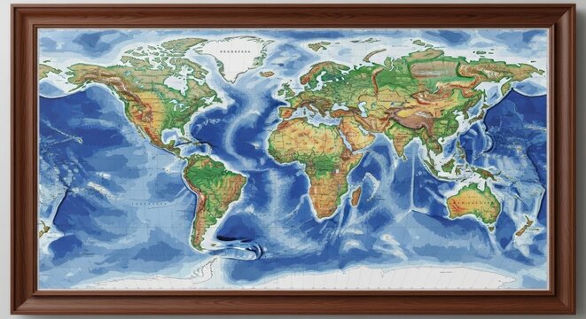 Framed vintage world map with wooden border.
