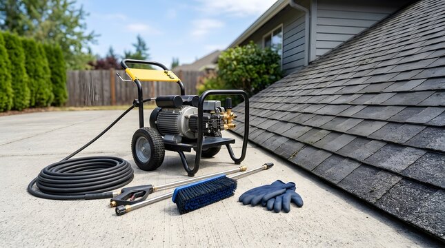 Pressure washer machine with hose and cleaning tools laid out on concrete driveway next to house roof shingles for residential exterior property maintenance task.