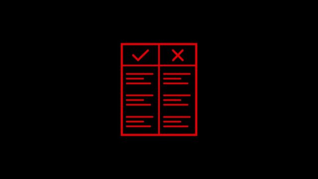 Comparison table animated footage with checkmark and cross symbols demonstrating pros and cons