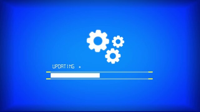 Updating software progress bar animation on blue background with loading gears, motion graphics video footage