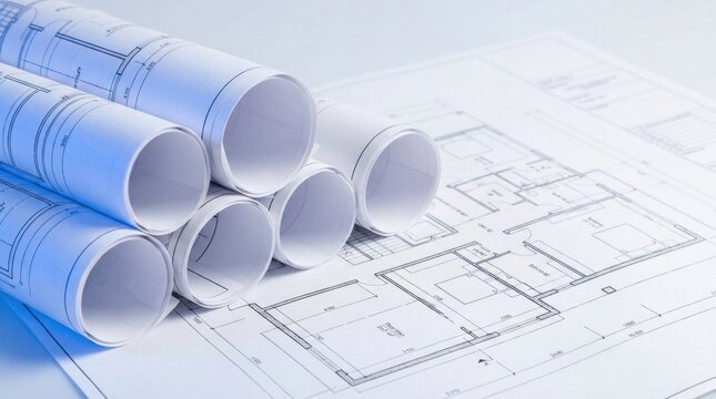 Rolled Up Architectural Blueprints on Top of Unrolled Floor Plan with Detailed Drawings and Measurements on White Background